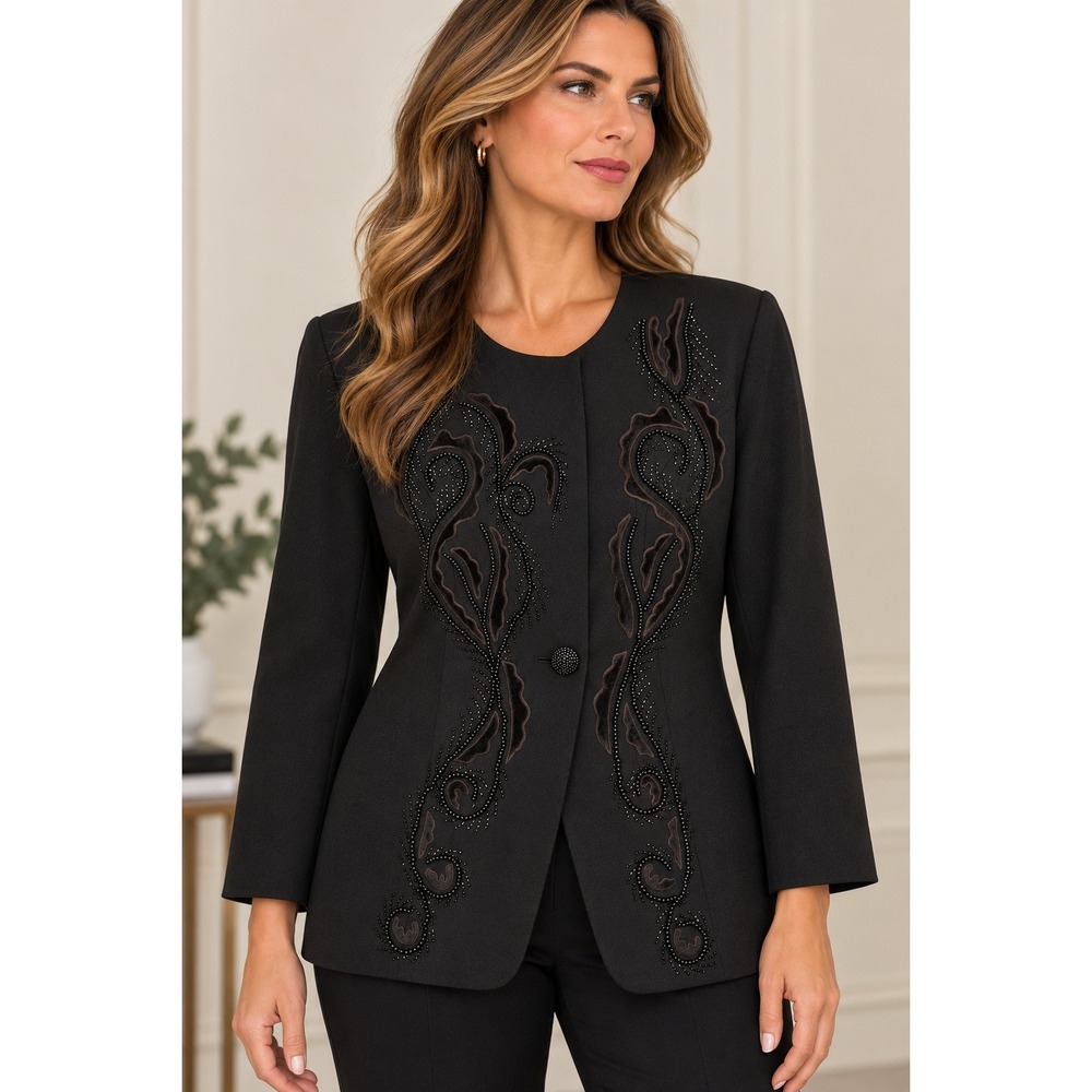 Black Beaded Velvet Embroidered Blazer Jacket 14 Evening Formal Gothic